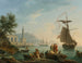 En medelhavsbukt vid solnedgången med fiskare vid vattnet, en fyr och ett krigsfartyg förtöjt i bukten - Claude-Joseph Vernet — vy av konstverket
