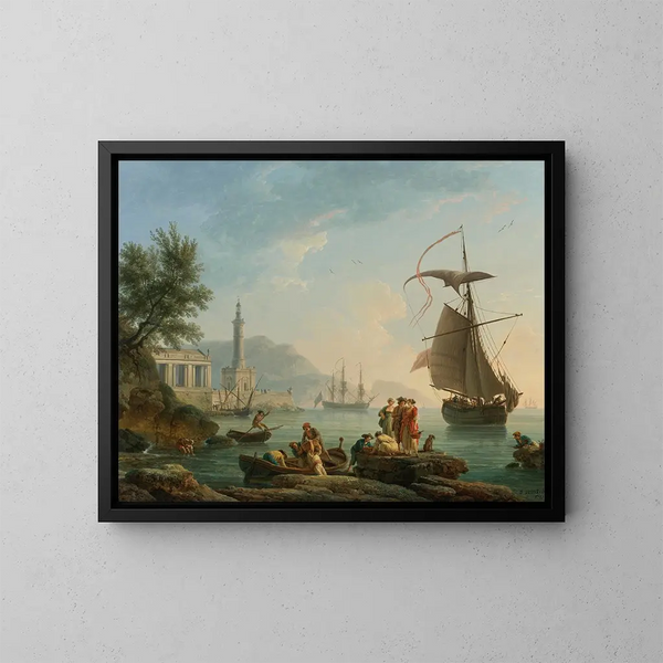 En medelhavsbukt vid solnedgången med fiskare vid vattnet, en fyr och ett krigsfartyg förtöjt i bukten - Claude-Joseph Vernet — inramlat konstverk på väggen