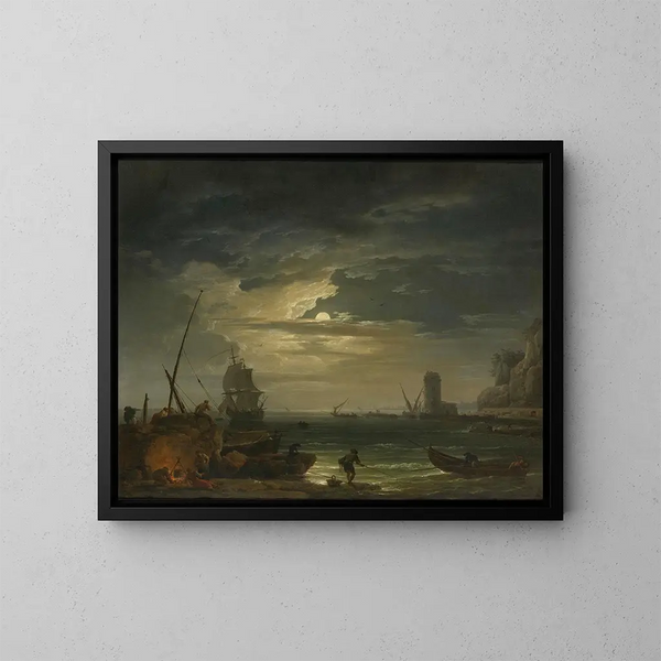 En medelhavsbukts i månsken - Claude-Joseph Vernet — inramlat konstverk på väggen