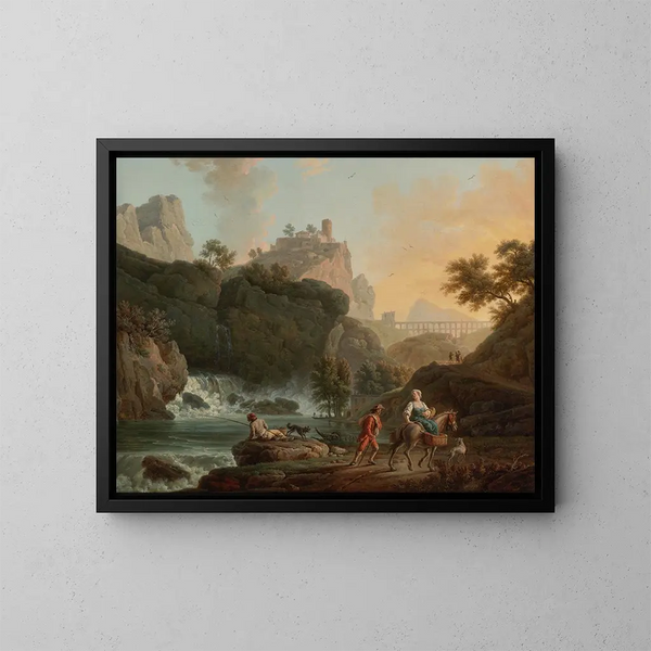 ett klippigt landskap med en fiskare och resenärer nära en flod med ett vattenfall och en akvedukt i fjärran - Claude-Joseph Vernet — inramlat konstverk på väggen