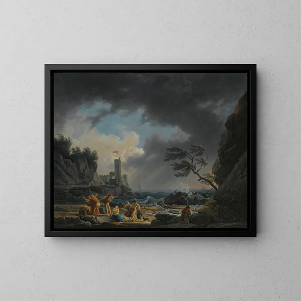 En stormig kustscen med figurer på en strand som har undkommit ett skeppsbrott - Claude-Joseph Vernet — inramlat konstverk på väggen