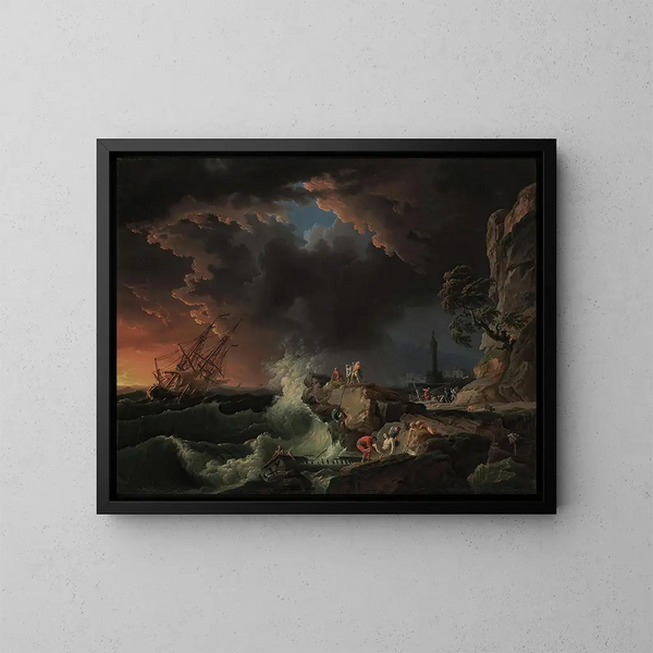 En skeppsbrott med figurer som landstiger - Claude-Joseph Vernet — inramlat konstverk på väggen