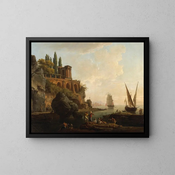 ett imaginärt landskap, italiensk hamnscen - Claude-Joseph Vernet — inramlat konstverk på väggen