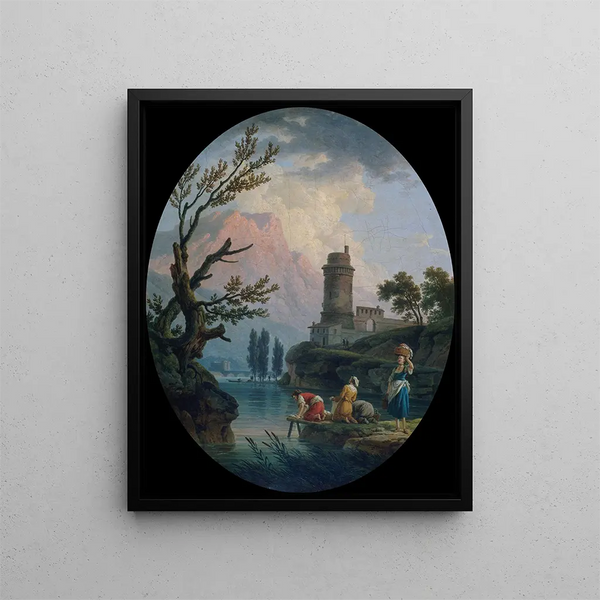 Landskapsbild med tvättare - Claude-Joseph Vernet — inramlat konstverk på väggen