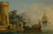 Vy av en medelhavshamn med en grupp figurer vid vattnet, ett stort fartyg i fjärran - Claude-Joseph Vernet — vy av konstverket
