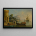 Vy av en medelhavshamn med en grupp figurer vid vattnet, ett stort fartyg i fjärran - Claude-Joseph Vernet — inramlat konstverk på väggen