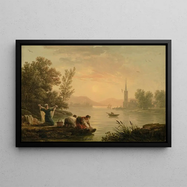 Lavandières vid en sjö - Claude-Joseph Vernet — inramlat konstverk på väggen