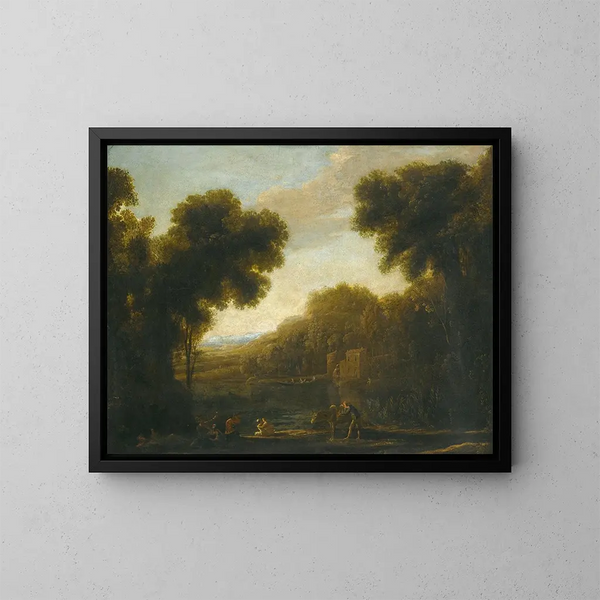 ett flodlandskap med resenärer vid stranden - Claude Lorrain — inramlat konstverk på väggen