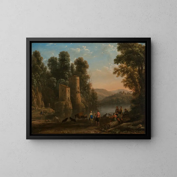 Landskapsmålning med herdar. Dans vid vattnet - Claude Lorrain — inramlat konstverk på väggen
