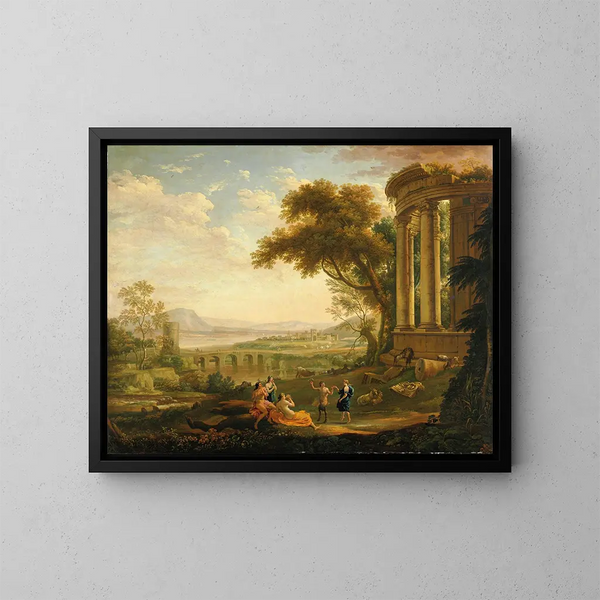 Landskap med satyr och nymf - Claude Lorrain — inramlat konstverk på väggen