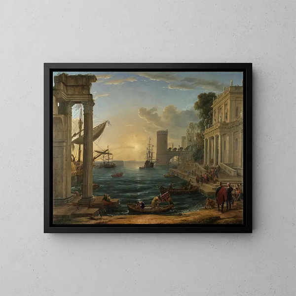 L'Embarquement de la Reine de Saba - Claude Lorrain — inramlat konstverk på väggen