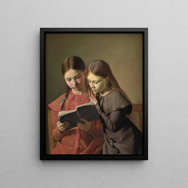 Les sœurs artistes Signe et Henriette lisant un livre - Constantin Hansen — inramlat konstverk på väggen