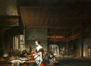 Cornelis Bisschop - Kitchen interior with a woman cooking.webp