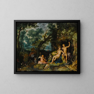 Cornelis Cornelisz Van Haarlem - Venus and Adonis resting in an extensive landscape with Cupid and hunting dogs and their quarries.webp