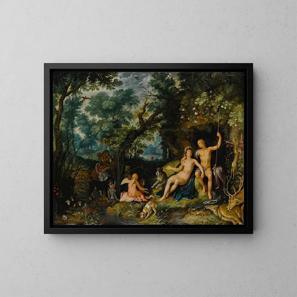 Venus och Adonis vilande i ett vidsträckt landskap med Cupido, jakthundar och deras byten - Cornelis Cornelisz van Haarlem — inramlat konstverk på väggen