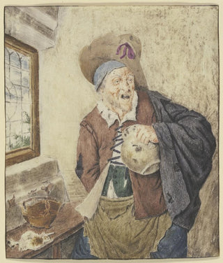 Cornelis Dusart - Zerlumpter Bauer bei einem Fenster den Krug in der Hand.webp