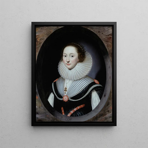 Porträtt av en kvinna med en jordgubbe och en svart klänning - Cornelis Jonson van Ceulen — inramlat konstverk på väggen