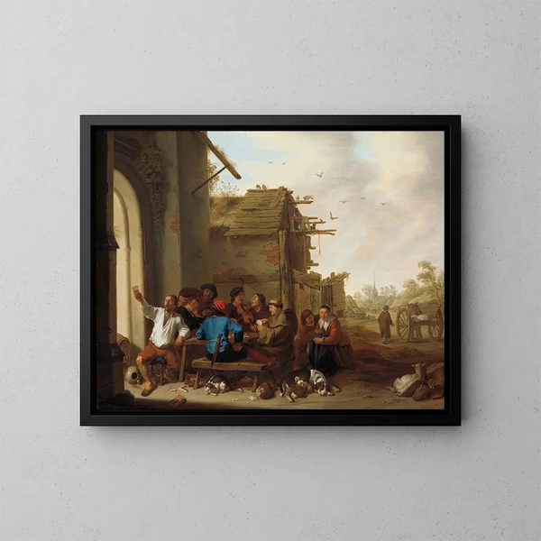 Figurer framför ett bykafé - Cornelis Saftleven — inramlat konstverk på väggen