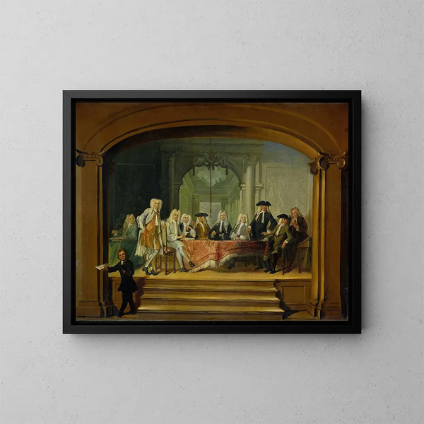 Les régents de l'orphelinat Aalmoezeniersweeshuis d'Amsterdam 1729 - Cornelis Troost — inramlat konstverk på väggen
