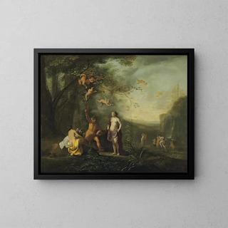 Bacchus, Venus och Ceres under ett vinranka i ett pastoral landskap med putti, nymfer och satyresser - Cornelis van Poelenburch — inramlat konstverk på väggen