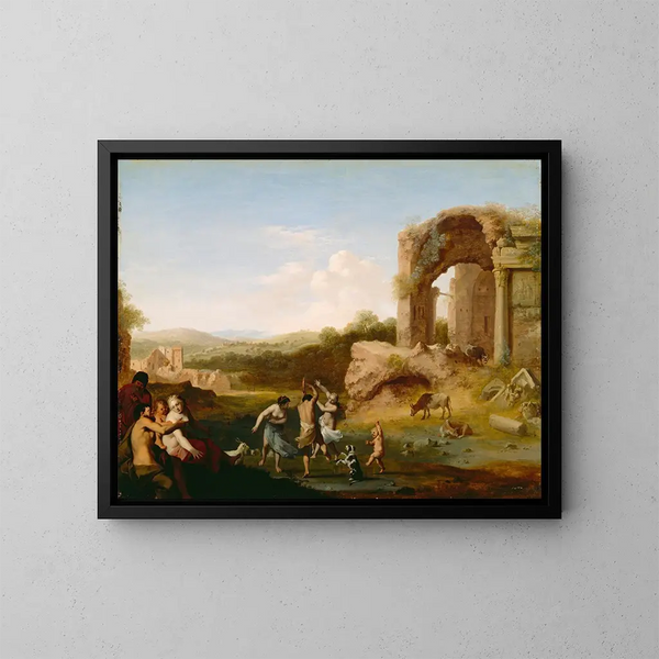 Dansande figurer nära en ruin - Cornelis van Poelenburch — inramlat konstverk på väggen