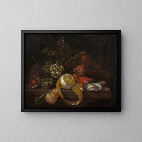 Komposition med en citron, druvor och ostron - Cornelis de Heem — inramlat konstverk på väggen