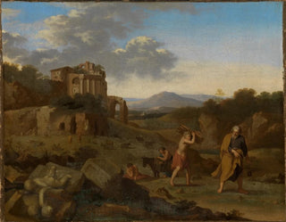italiensk bergslandskap med Abraham och Isak på väg till offret - Cornelis van Poelenburg — vy av konstverket