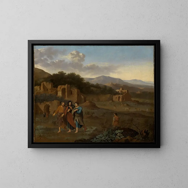 italiensk bergslandskap med Kristus och de två lärjungarna på väg till Emmaus - Cornelis van Poelenburg — inramlat konstverk på väggen