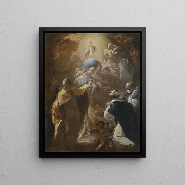 L'Enfant Jésus i härlighet med helgonen Dominikus och Nikolaus - Corrado Giaquinto — inramlat konstverk på väggen