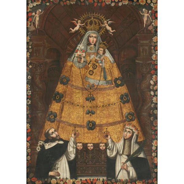 Notre-Dame du Rosaire avec Saint Dominique et Sainte Rose - Ecole de Cusco — inramlat konstverk på väggen