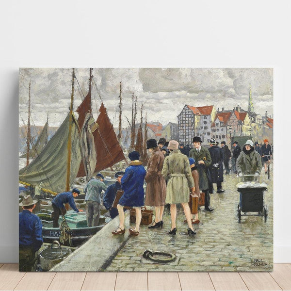Reproduktion av målningen av eleganta damer med klockformade hattar som köper fisk - Paul Fischer