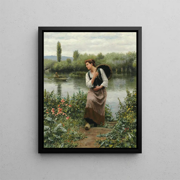 En kvinna med en korg - Daniel Ridgway Knight — inramlat konstverk på väggen