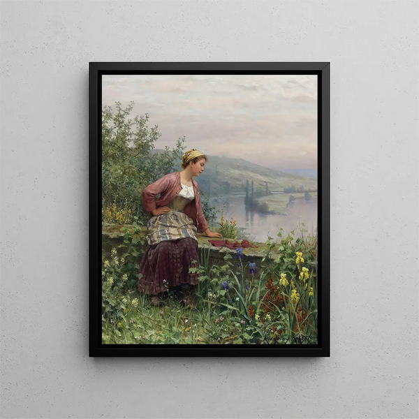 en bretonflicka som övervakar en bäck - Daniel Ridgway Knight — inramlat konstverk på väggen