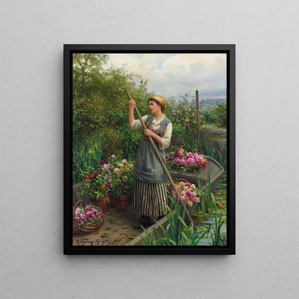 Cueillette de fleurs le long de la rivière - Daniel Ridgway Knight — inramlat konstverk på väggen
