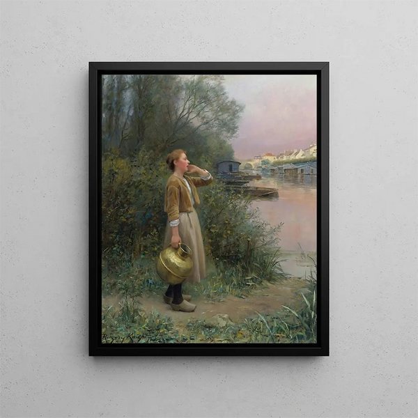 Flicka med en vattenkruka - Daniel Ridgway Knight — inramlat konstverk på väggen