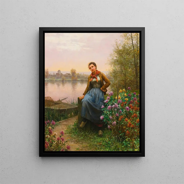 vid flodkanten - Daniel Ridgway Knight — inramlat konstverk på väggen