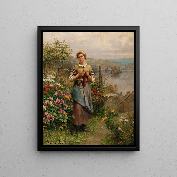 Ung kvinna som stickar - Daniel Ridgway Knight — inramlat konstverk på väggen