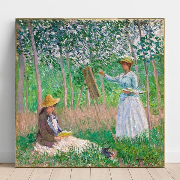 I skogarna vid Giverny: Blanche Hoschede vid sitt staffli med Suzanne Hoschede som läser - Claude Monet