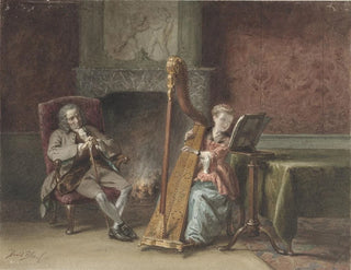 David Bles - Interieur met meisje dat harp speelt en een heer in een stoel die toekijkt.webp