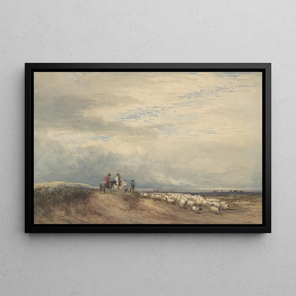 Cavaliers med får nära en flodmynning - David Cox — inramlat konstverk på väggen