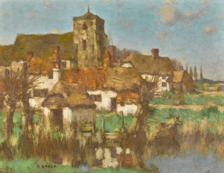 David Gauld - Church and farm cottages by a river.webp