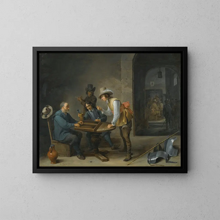 En scen från en vakt med spelare av trictrac i förgrunden - David Teniers den yngre — inramlat konstverk på väggen