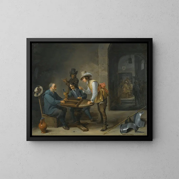 En scen från en vakt med spelare av trictrac i förgrunden - David Teniers den yngre — inramlat konstverk på väggen