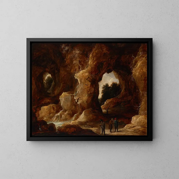 En grotta med figurer, en hjort och en stork - David Teniers den yngre — inramlat konstverk på väggen