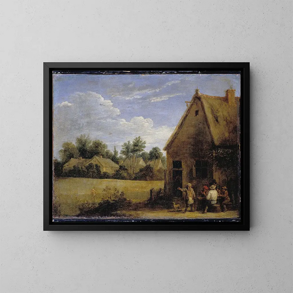 ett sommarstuga med bönder som spelar kort - David Teniers den yngre — inramlat konstverk på väggen