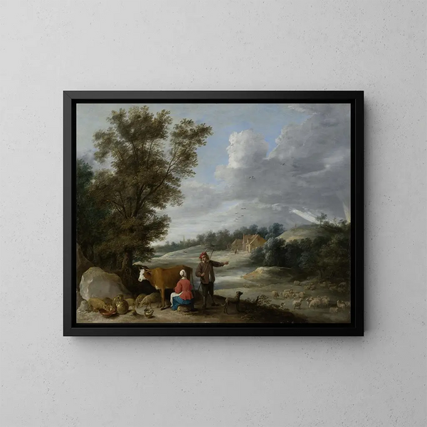 Landskap med mjölkerska och herde - David Teniers den yngre — inramlat konstverk på väggen
