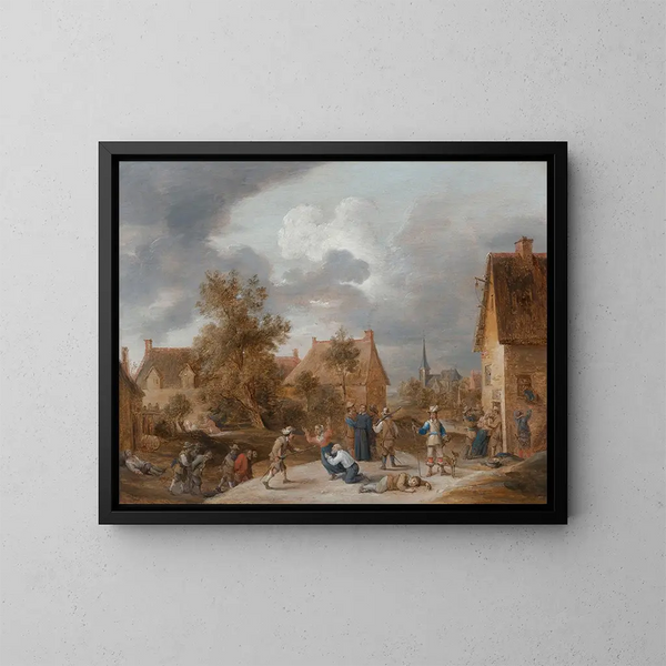 soldater som plundrar en by - David Teniers den yngre — inramlat konstverk på väggen