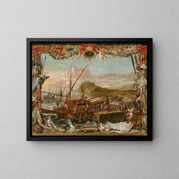 L'Embarquement de Don Juan d'Autriche - David Teniers le Jeune — inramlat konstverk på väggen