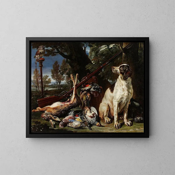 Trophées de chasse de chiens et un hibou - David de Coninck — inramlat konstverk på väggen