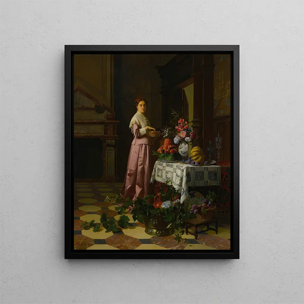 ett interiör med frukt och blommor - David Émile Joseph de Noter — inramlat konstverk på väggen